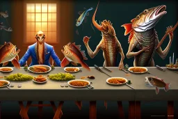 supper, fish sit at the table and eat pieces of people.