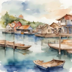Digitaldavinci,Watercolor and ink- harbor with small boats, docks, kids fishing off a pier, and beach houses