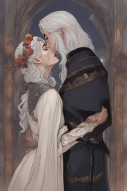 A couple from the dnd game curse of Strahd kissing. She has white hair he has long black hair. Romantic, sweet, loving.