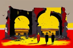 ong-legged surreal lean black-grey figures with beak-shaped heads in overcoat, profile, semi-silhouettes among ramshackle ruins in a barren landscape of red, yellow, black and beige colors, intricate acrylic painting