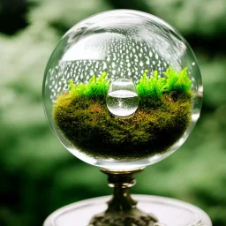 cinematic shot of flowers and ferns inside a crystal mesh ball, dewdrops, moss, crystal, luxurious, bell jar