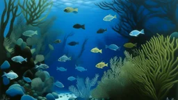 A blue underwater coral reef with fish painted by John Brack