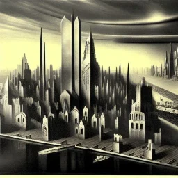 Gothic city,Metropolis on sea by fritz Lang,otto hung,futurismo, matte painting