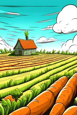 A cartoon drawing of a harvested field of carrots and in the background there is a wooden hut in the shape of a medium-sized carrot at daytime with a few clouds.
