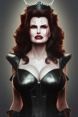 Geena Davis as evil queen in black leather, leather, busty, cleavage, angry, rage, stern look. character design by cory loftis, fenghua zhong, ryohei hase, ismail inceoglu and ruan jia. unreal engine 5, artistic lighting, highly detailed, photorealistic, fantasy