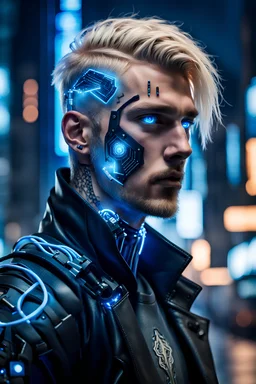 Man with Blonde Hair, small face tattoo, glowing blue cybernetic eye, black right cybernetic arm, leather open coat, cyber armor, hacker, night, metropolis background, high detail, 4k, cables in the head
