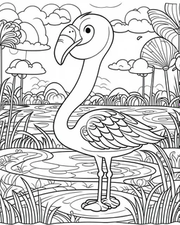 create a 2d black outline, "safari smiling cartoon flamingo coloring book for toddlers", coloring page, low details design, black contour, coloring page design, simple background, colorful , card style, coloring page for kids, white background, sketch style, safari landscape, cartoon style