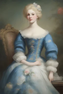 blue, large, woman, blonde, floral designs, atmospheric, beautiful, China Doll, Lap dog, in the art style of Gilbert Stuart