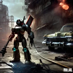 fallout 4 character, brad pit robot with axe in the streets of cyberpunk city filling up car, gaz station, unreal, spray paint, clay, vox model