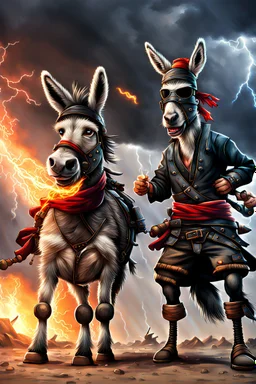 Realistic Donkey pirate and donkey ninja with thunderstorms in the background and fireballs falling from sky