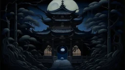 A dark bluish black shadowy temple with a moon squid painted by Hashimoto Gaho