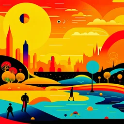 Vector graphics of a maximalistic landscape in Max Ernststyle, figures, strong colors