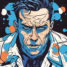 "bright blue" color scheme, the comic style, the scientific theme, a sad man