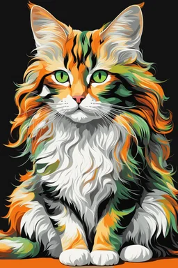 Pop art of a beautiful cat with long, wavy, thick hair, pointed ears, bright green eyes, orange, black and white colors, ultra quality, (((full body))), sitting on the floor