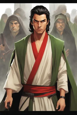 Full Body, Male Tan Human, Jedi Order, Red Blindfold, Green and Black Robes, Handsome face, Black hair.