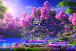 monde en fleurs, blue lake, flower tree-houses, concept art, crépuscule , fuksia bleu oranger, vibrant Color, réaliste, riviere bleu, tree-house bougainvillier, roses