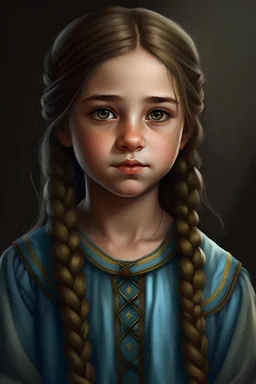 Bring to life a digital portrait of an endearing girl in a casual Pakistani dress, emphasizing her big grey eyes and a beautifully styled long braid."
