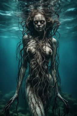 Underwater, closeup siren with creepy eyes, fullbody, his skin translucent revealing a network of black veins that extended like roots, ragged clothes, , 8k,macro photography,