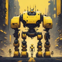 robots walking towards a big chest, cyberpunk style, yellow colors