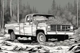 pickup truck, rear, forest, comic book,post-apocalypse, gray background, night time,