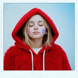 Lily rosedepp,avec un long pull a capuche en angora rouge jusquaux, polaroid, elle a les yeux fermés et les joues bleues, crayons pasrel, des grains de beauté