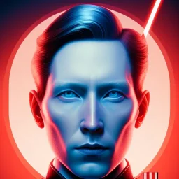 portrait, general hux, wearing a black First Order uniform, serious, imposing figure, thick eyebrows, 8k, digital art, red light coming from the left and blue light coming from the right cinematic lighting, wearing a black First Order uniform, green eyes