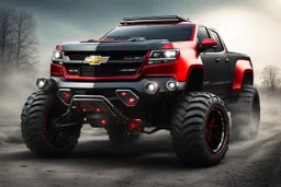 a super futuristic car, for all terrain, pickup fashion, black and red colors, big wheels, CHEVROLET INSPIRED, stay on street full of zombies