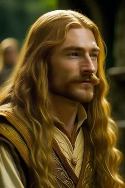 A young serene Lord Of The Rings like man with long golden hair that cascades gracefully. A short beard with no mustache. His open eyes, with blind pupils, reflect a depth of wisdom and inner peace. A gentle smile graces his face, adding warmth to his tranquil demeanor.