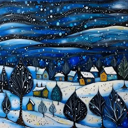 Art brut painting, beautiful snowy Christmas scenery landscape at night under an indigo starry sky, neutral natural colors, mixed media