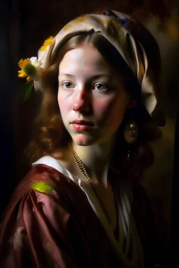 very detailed oil painting of a beautiful portrait of a 30 year old woman, realistic skin texture, realistic skin lighting, flower in her hair, looking into the camera, johannes vermeer style, soft atmospheric light, muted colors