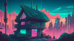 small german Cabin, In cyberpunk city-skyline, comic style, realistic coloring