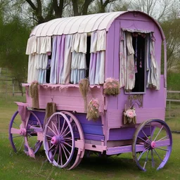 Old fashioned purple, blue and pink gypsy wagon decorated, curtains fluttering in the wind