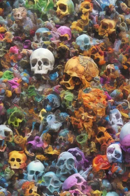 a picture of a dark, comedic, anatomically correct wall of colorful tightly packed skulls of varying sizes and expressions, photo realistic, insanely meticulous, highly detailed, part of a collection of bones on display, 64k, dystopian, vray