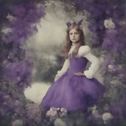 Alice in wonderland,purple fur, flowered wallpaper background, old autochrome