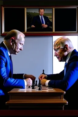 Vladimir Poutine playing chess against Joe Biden in hello. The devil is watching the game.