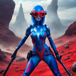 thin nudist blue female alien warrior with goggles red boots and corset with ray guns: As she navigates through the treacherous terrain, she encounters an array of exotic creatures, each more awe-inspiring than the last. Some are allies, their strange forms mirroring the diversity of this alien world. Others, however, pose a threat to her very existence. But our warrior is no damsel in distress. She meets each challenge head-on, utilizing her wit, agility, and those trusty ray guns to overcome a