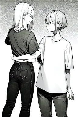 an elegant girl and another dressed in jeans and a T-shirt, line arts, greyscale