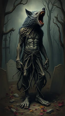 Bosch painting style nightmare, a man with legs looks like tree roots , and head looks like wolf head , in a graveyard , dramatic sad scene, fantasy,