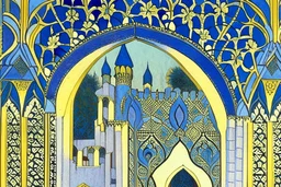 an open gothic_Arab gate in a blue-and-gold-tiled wall with a view of an old city by artist "Beardsley",by artist "Rackham",by artist "Bertha Lum",by artist "Dulac",by artist "Erte"