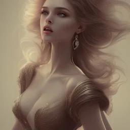 a beautiful woman with a-lot of makeup and beautiful hair style wearing a beautiful dress , dramatic, dramatic lighting, volumetric lighting, hyperrealism, 8k, high quality, photorealistic, lot of details