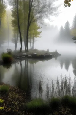 Circle pond, soft fog, with light breaking through, tall white birch trees, and a stone path flanking both sides of the pond going up to a gazebo