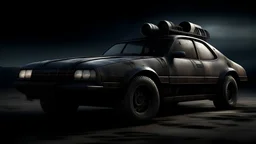 Create a photographic image in the cinematic style of Mad Max, featuring a compelling fusion of a weathered and rusty black 1998 Honda Civic seamlessly morphing into a half-car, half-scorpion hybrid as the central object.