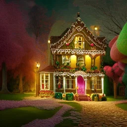 rambling, Victorian house made of gingerbread and vibrant candy, cotton candy trees and gumdrop walkway, 8k resolution, centered, high-quality, ultrafine-detail, digital art, detailed matte, volumetric lighting, illustration, 3D octane render, brian froud, howard lyon, greg rutowski, George Grie