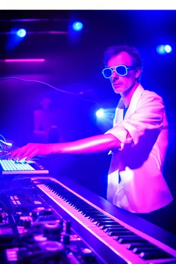 French cool synth player, he is called "Jean-Maurice Brûlée" performing at dance club, his name is "Jean-Maurice Brûlée" , white and blue Neon lights and smog, and "URANIUM" big sign on the wall, he is playing on synthesizers on stage with lot of laser beams and wearing black sunglasses, an earth is projected in background