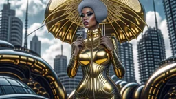 woman in a silver catsuit with gold circuitry built in, standing in a futuristic alien city holding a parasol shaped like a mushroom with tentacles