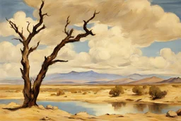 clouds, arid land, distant mountains, dry trees, pond, edouard manet impressionism painting