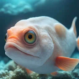a close up of a fish with big eyes, by Filip Hodas, zbrush central contest winner, photorealism, glowing white laser eyes, detailed realistic 8 k, albino dwarf, reptilian eyes, 4 k extremely photorealistic, very very very realistic, closeup of an adorable, redshift houdini, looks at the camera, intricate highly detailed 8 k