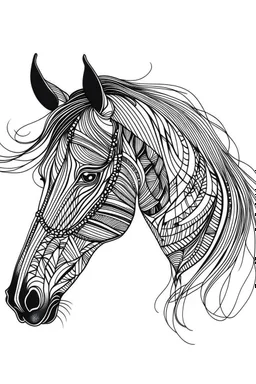 symetrical realistic horse head tattoo idea, line art, background, vector, svg, black outline on white background, leave plenty of white space beetween lines for coloring, tattoo style, tattoo idea,full body, minimalist