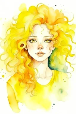 Watercolor yellow pastel curly hair girl