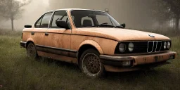 an abandoned 1990 bmw rust 2-door overgrown by nature with dust ,ultra realistic,concept, 4k ,on street, parked in crowded city winter,8k resolution, high-quality, fine-detail